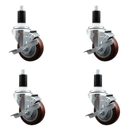 Service Caster 3.5'' SS Maroon Poly Swivel 1-3/8'' Expanding Stem Caster Set with Brake, 4PK SCC-SSEX20S3514-PPUB-MRN-TLB-138-4